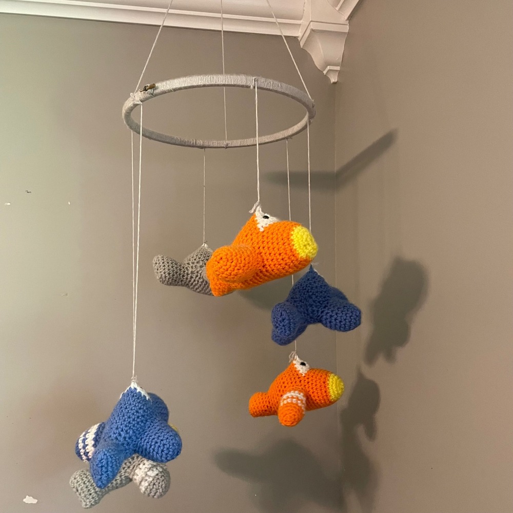 Handmade Crochet Airplane Nursery Mobile Blue Orange Grey Aviation‎ Decor